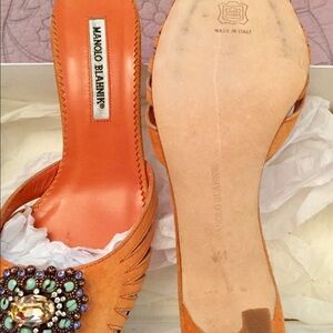 Manolo Blahnik Orange Mules with Jewel Embellishment